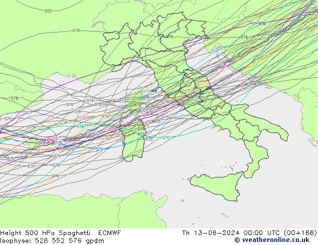 Height 500 hPa Spaghetti ECMWF Čt 13.06.2024 00 UTC