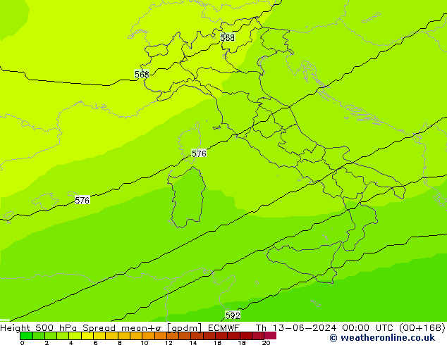 Height 500 hPa Spread ECMWF Th 13.06.2024 00 UTC