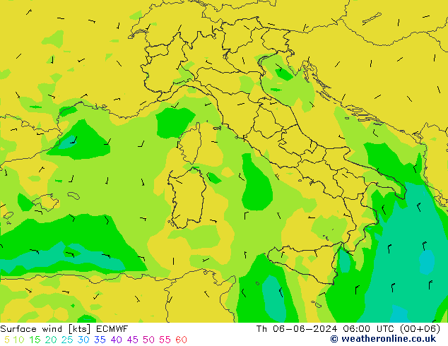 Vento 10 m ECMWF gio 06.06.2024 06 UTC