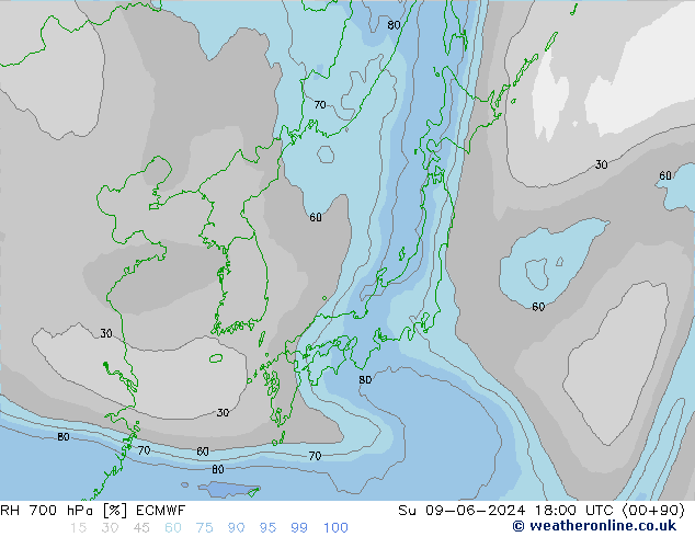 RH 700 hPa ECMWF nie. 09.06.2024 18 UTC