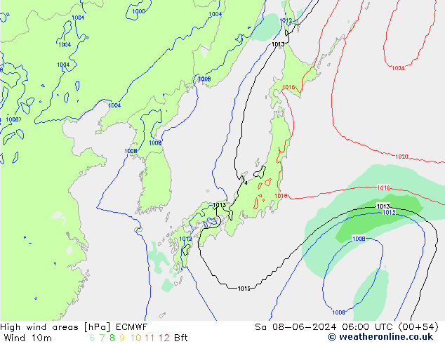 High wind areas ECMWF Sa 08.06.2024 06 UTC