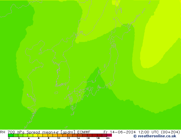 RH 700 hPa Spread ECMWF ven 14.06.2024 12 UTC