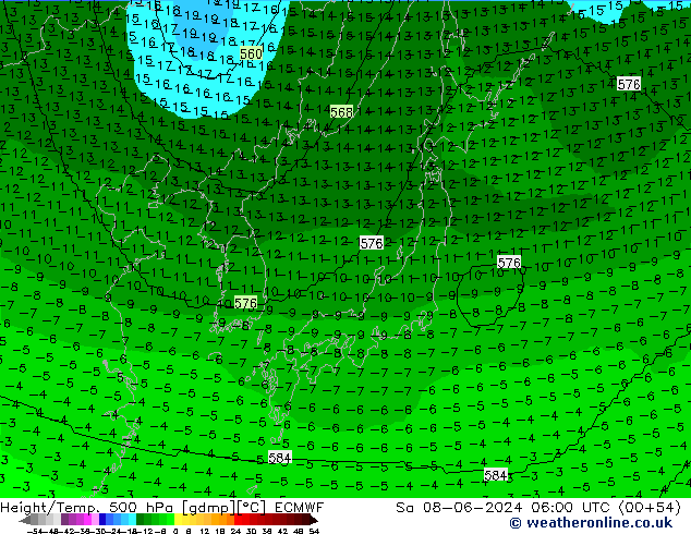 Height/Temp. 500 hPa ECMWF Sa 08.06.2024 06 UTC