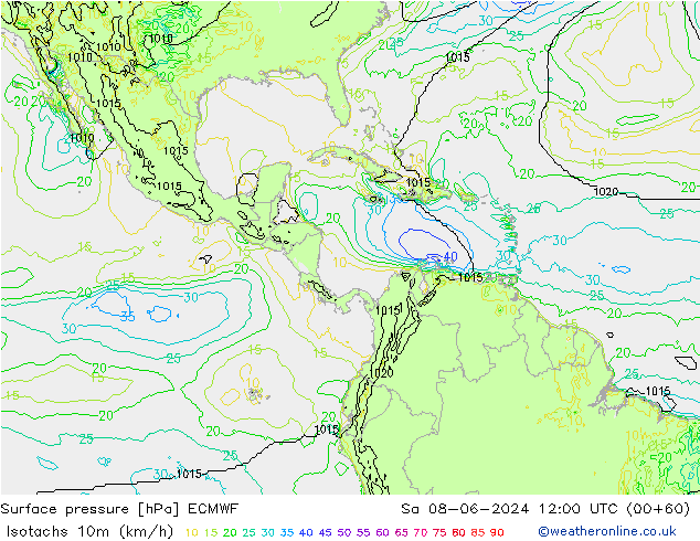 Isotachen (km/h) ECMWF Sa 08.06.2024 12 UTC