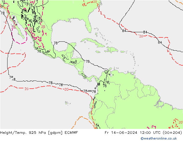 Hoogte/Temp. 925 hPa ECMWF vr 14.06.2024 12 UTC