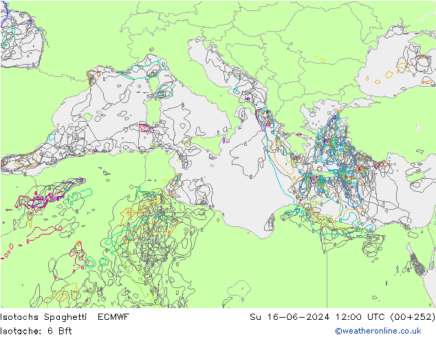 Isotachs Spaghetti ECMWF dom 16.06.2024 12 UTC