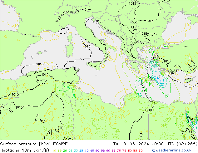 Isotachs (kph) ECMWF Tu 18.06.2024 00 UTC