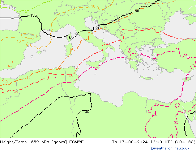 Géop./Temp. 850 hPa ECMWF jeu 13.06.2024 12 UTC