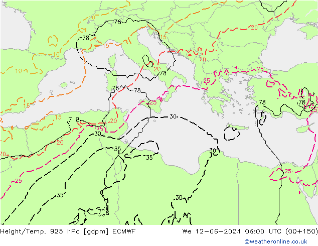 Yükseklik/Sıc. 925 hPa ECMWF Çar 12.06.2024 06 UTC