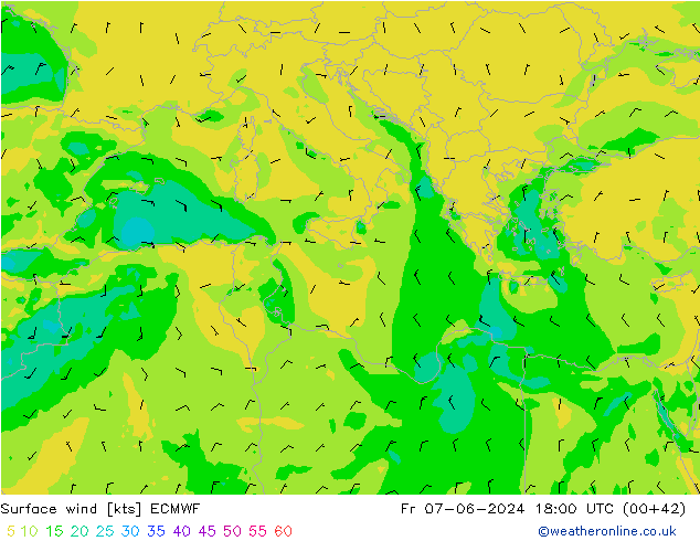 Rüzgar 10 m ECMWF Cu 07.06.2024 18 UTC