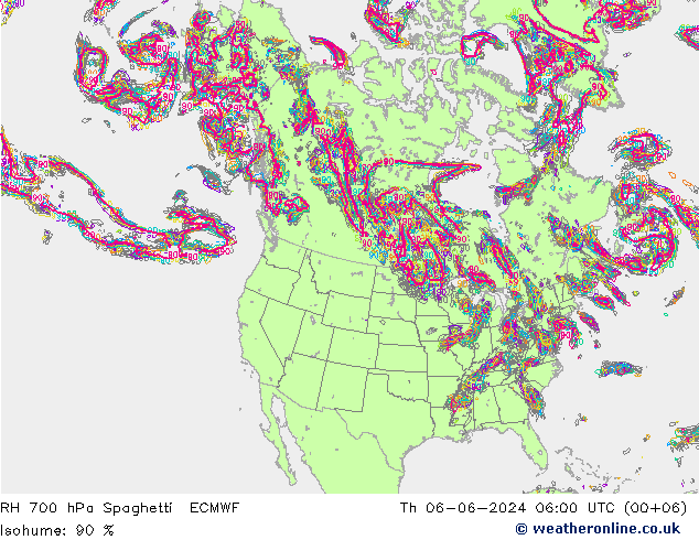 RH 700 hPa Spaghetti ECMWF Do 06.06.2024 06 UTC