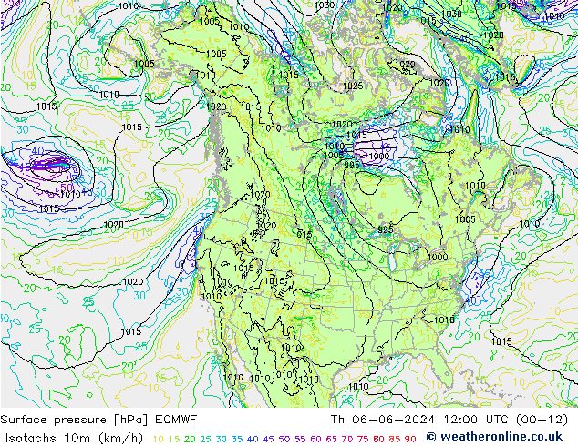 Isotachs (kph) ECMWF jeu 06.06.2024 12 UTC