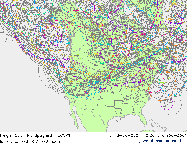 Height 500 hPa Spaghetti ECMWF Di 18.06.2024 12 UTC