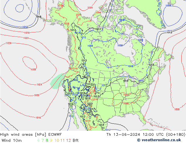 High wind areas ECMWF Čt 13.06.2024 12 UTC