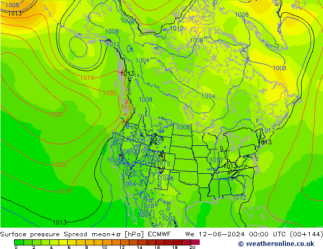 Surface pressure Spread ECMWF We 12.06.2024 00 UTC