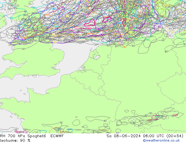 RH 700 hPa Spaghetti ECMWF Sa 08.06.2024 06 UTC