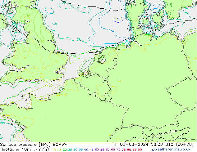 Isotachs (kph) ECMWF gio 06.06.2024 06 UTC