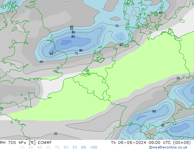 RH 700 hPa ECMWF gio 06.06.2024 06 UTC