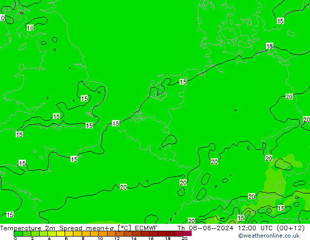 Temperatuurkaart Spread ECMWF do 06.06.2024 12 UTC