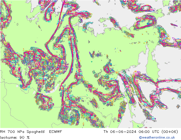 Humidité rel. 700 hPa Spaghetti ECMWF jeu 06.06.2024 06 UTC