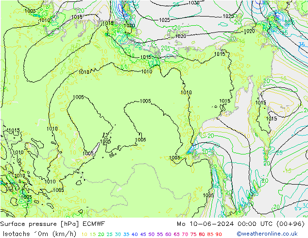 Isotachs (kph) ECMWF Mo 10.06.2024 00 UTC