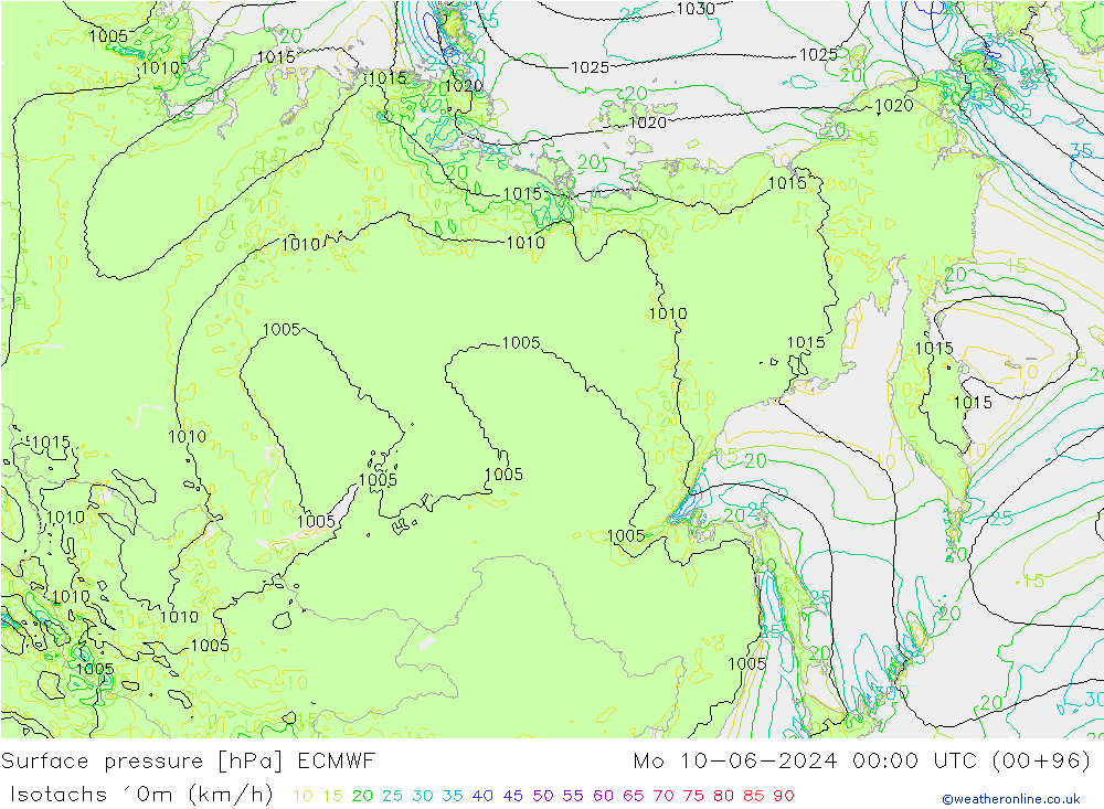 Isotachs (kph) ECMWF lun 10.06.2024 00 UTC