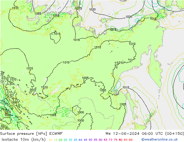 Isotaca (kph) ECMWF mié 12.06.2024 06 UTC