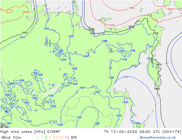 High wind areas ECMWF чт 13.06.2024 06 UTC