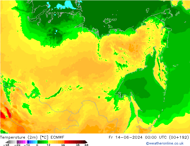 Temperature (2m) ECMWF Pá 14.06.2024 00 UTC