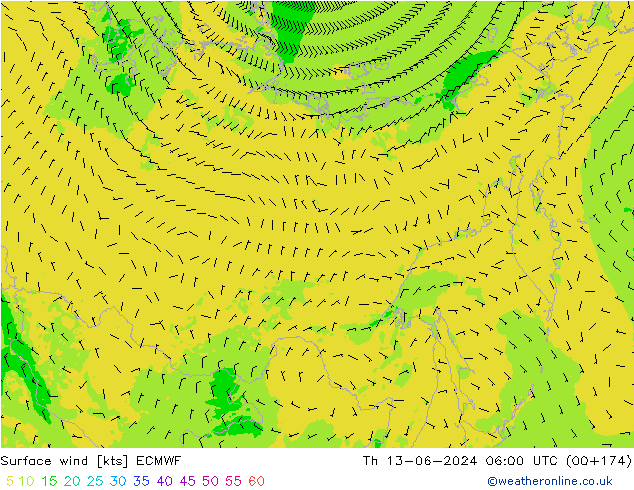 Surface wind ECMWF Th 13.06.2024 06 UTC