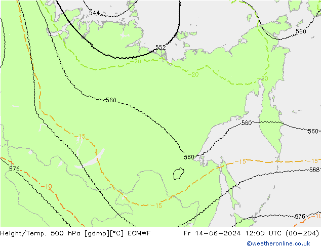 Hoogte/Temp. 500 hPa ECMWF vr 14.06.2024 12 UTC