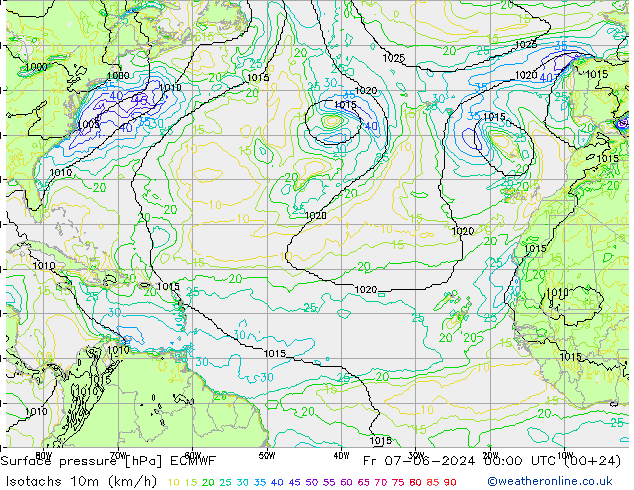 Isotachs (kph) ECMWF Fr 07.06.2024 00 UTC