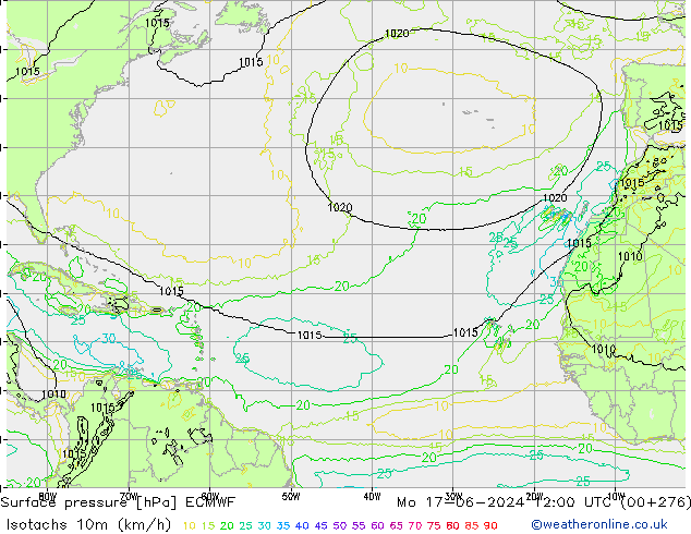 Isotachs (kph) ECMWF Seg 17.06.2024 12 UTC