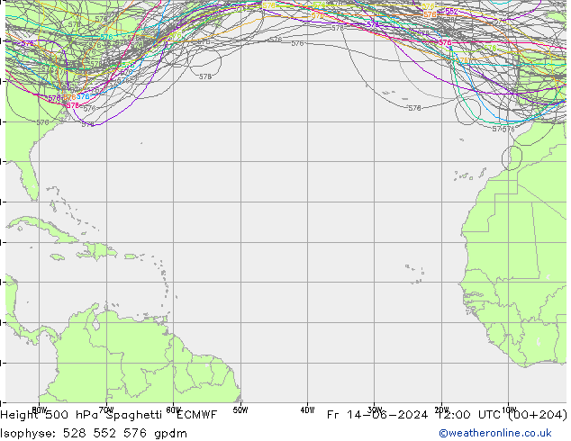 Height 500 гПа Spaghetti ECMWF пт 14.06.2024 12 UTC