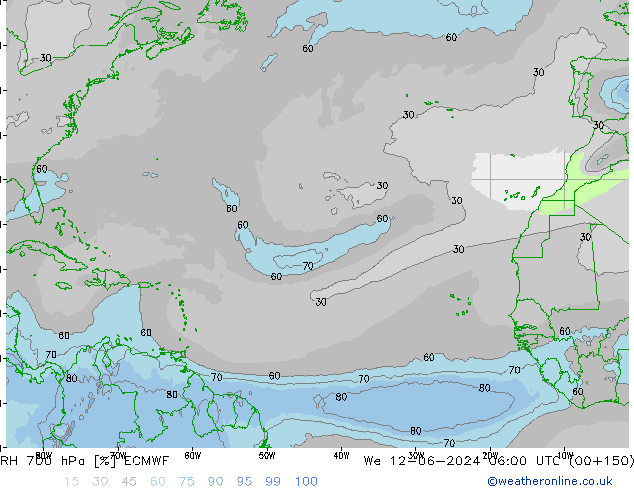 Humidité rel. 700 hPa ECMWF mer 12.06.2024 06 UTC