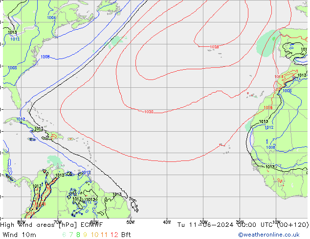 yüksek rüzgarlı alanlar ECMWF Sa 11.06.2024 00 UTC