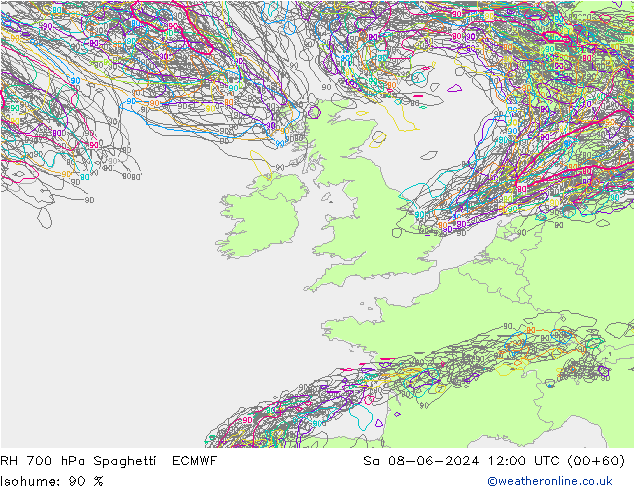 RH 700 hPa Spaghetti ECMWF Sa 08.06.2024 12 UTC