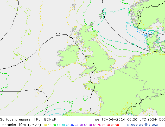 Isotachs (kph) ECMWF We 12.06.2024 06 UTC