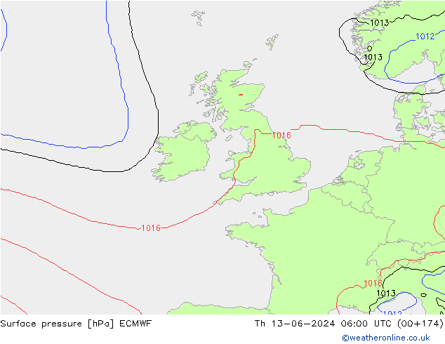 Surface pressure ECMWF Th 13.06.2024 06 UTC