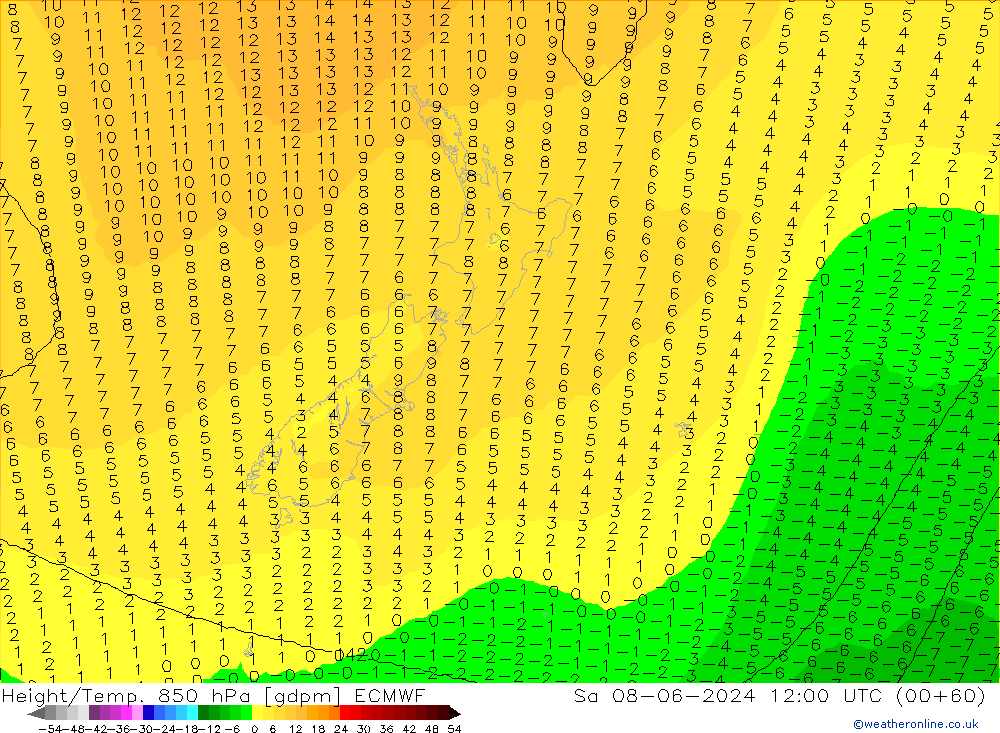 Height/Temp. 850 гПа ECMWF сб 08.06.2024 12 UTC