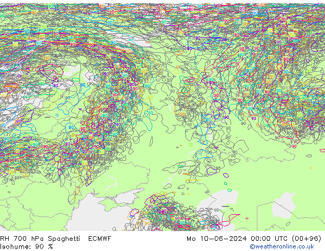 RH 700 hPa Spaghetti ECMWF Mo 10.06.2024 00 UTC