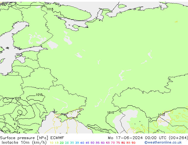 Isotachs (kph) ECMWF Mo 17.06.2024 00 UTC