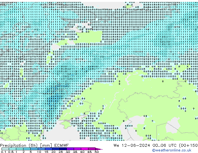 Totale neerslag (6h) ECMWF wo 12.06.2024 06 UTC