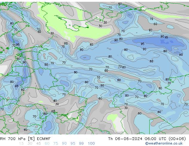 RH 700 hPa ECMWF Th 06.06.2024 06 UTC