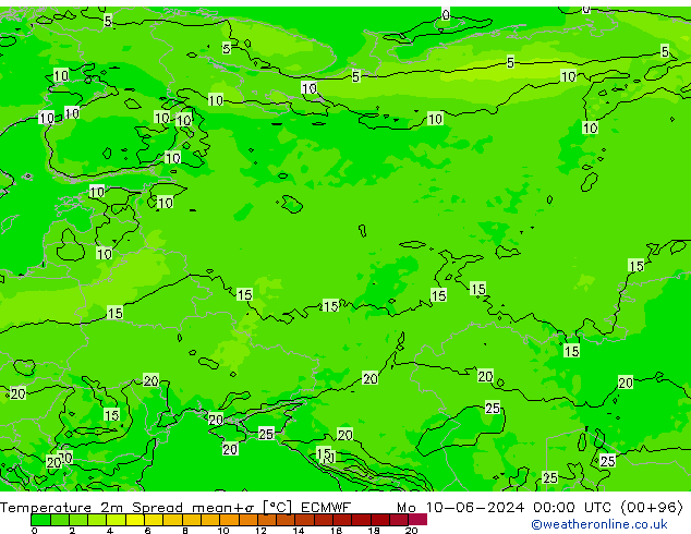 mapa temperatury 2m Spread ECMWF pon. 10.06.2024 00 UTC