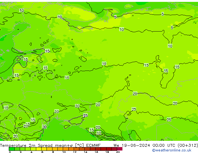 Temperature 2m Spread ECMWF St 19.06.2024 00 UTC