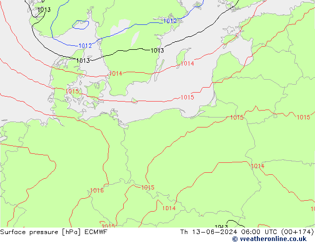 Pressione al suolo ECMWF gio 13.06.2024 06 UTC