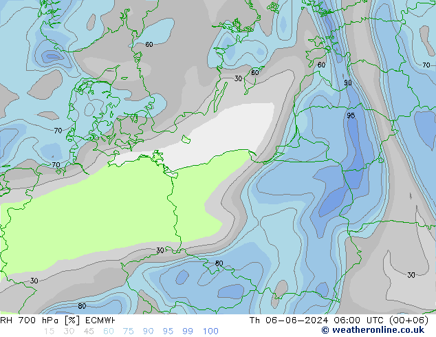 RH 700 гПа ECMWF чт 06.06.2024 06 UTC