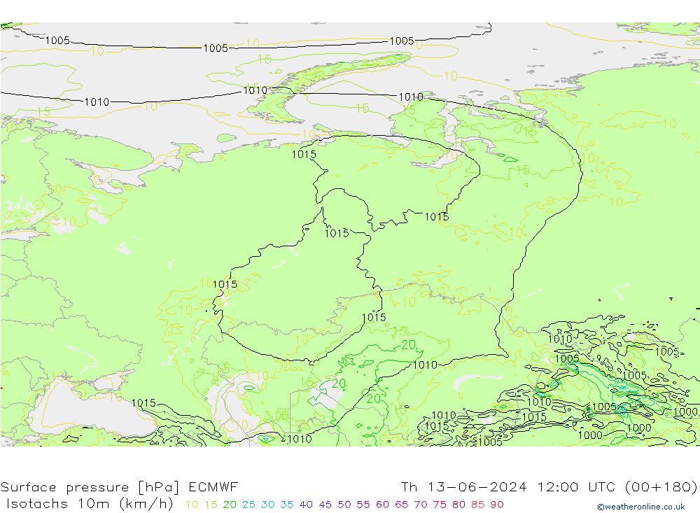 Isotachs (kph) ECMWF gio 13.06.2024 12 UTC