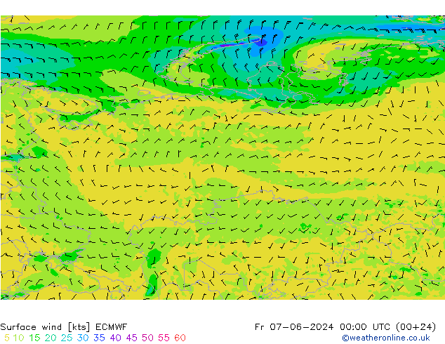 Surface wind ECMWF Fr 07.06.2024 00 UTC